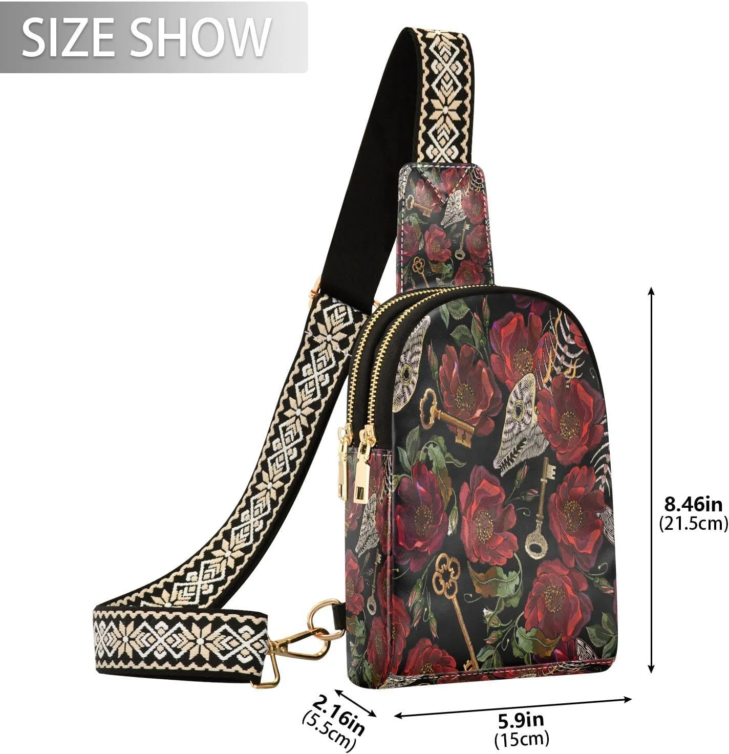Small Sling Bag for Women Crossbody Fishbone Key Flower Rose Fashion Leather Crossbody Bag for Women Embroidery Trendy Crossbody Purse Fanny Pack with Adjustable Guitar Strap Outfit