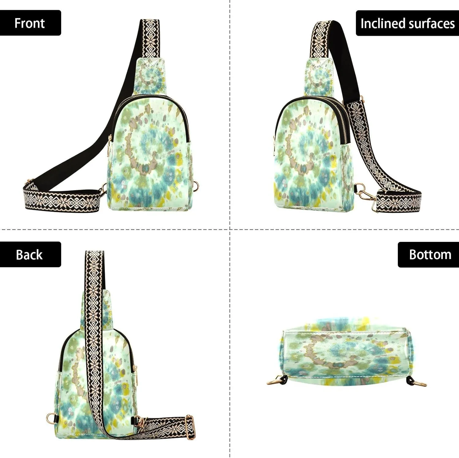 Small Sling Bag for Women Crossbody Green Spiral Abstract Fashion Leather Crossbody Bag for Women Tie Dye Trendy Crossbody Purse Fanny Pack with Adjustable Guitar Strap Outfit