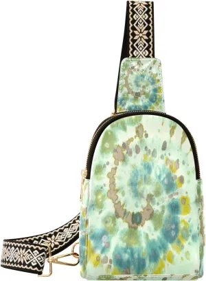 Small Sling Bag for Women Crossbody Green Spiral Abstract Fashion Leather Crossbody Bag for Women Tie Dye Trendy Crossbody Purse Fanny Pack with Adjustable Guitar Strap Outfit