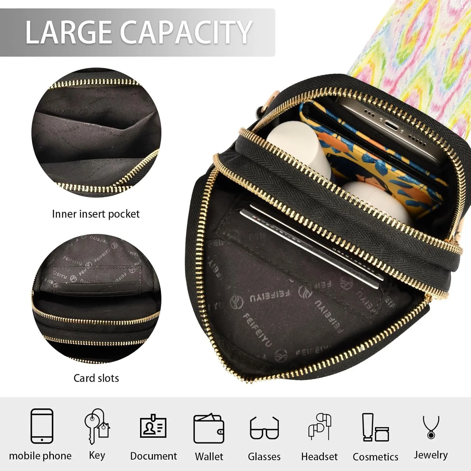 Small Sling Bag for Women Crossbody Hippie Tie Dye Swirl Fashion Leather Crossbody Bag for Women Colorful Trendy Crossbody Purse Fanny Pack with Adjustable Guitar Strap Outfit