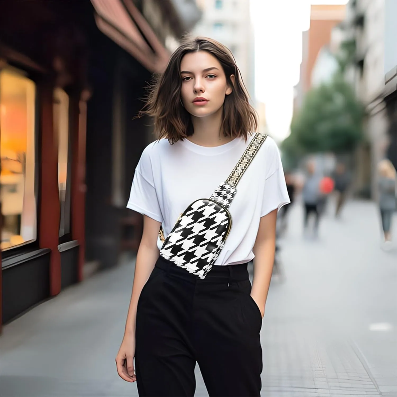 Small Sling Bag for Women Crossbody Hounds Tooth Trendy Crossbody Bag Fanny Pack with Guitar Strap Leather Chest Bag for Women Fanny Pack Travel Outdoor Outfit