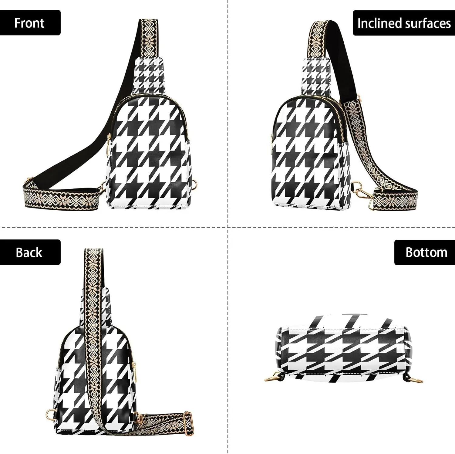 Small Sling Bag for Women Crossbody Hounds Tooth Trendy Crossbody Bag Fanny Pack with Guitar Strap Leather Chest Bag for Women Fanny Pack Travel Outdoor Outfit