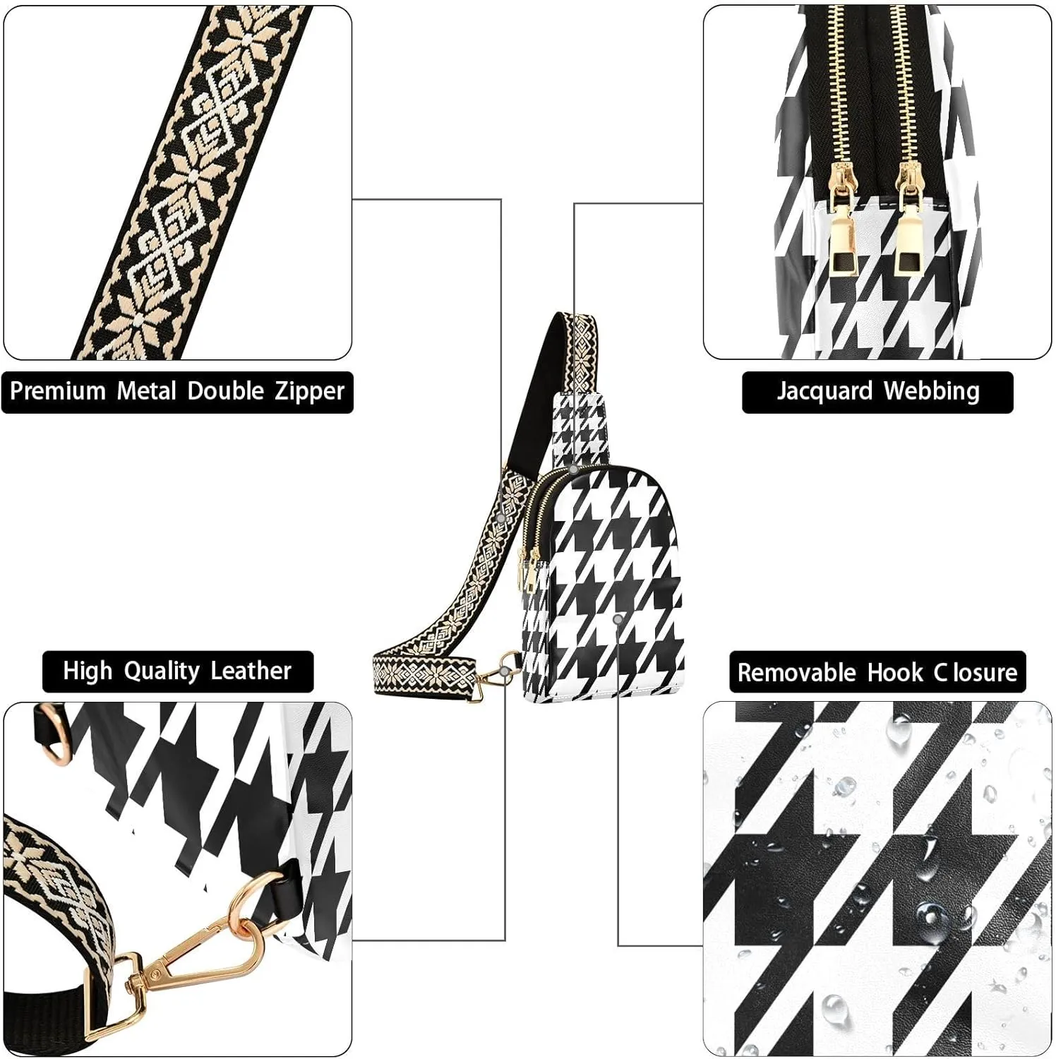 Small Sling Bag for Women Crossbody Hounds Tooth Trendy Crossbody Bag Fanny Pack with Guitar Strap Leather Chest Bag for Women Fanny Pack Travel Outdoor Outfit