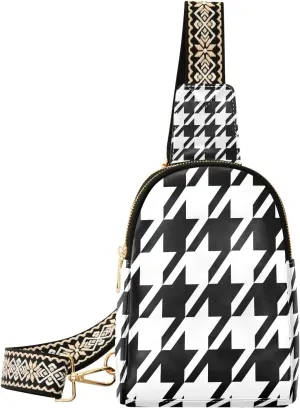 Small Sling Bag for Women Crossbody Hounds Tooth Trendy Crossbody Bag Fanny Pack with Guitar Strap Leather Chest Bag for Women Fanny Pack Travel Outdoor Outfit