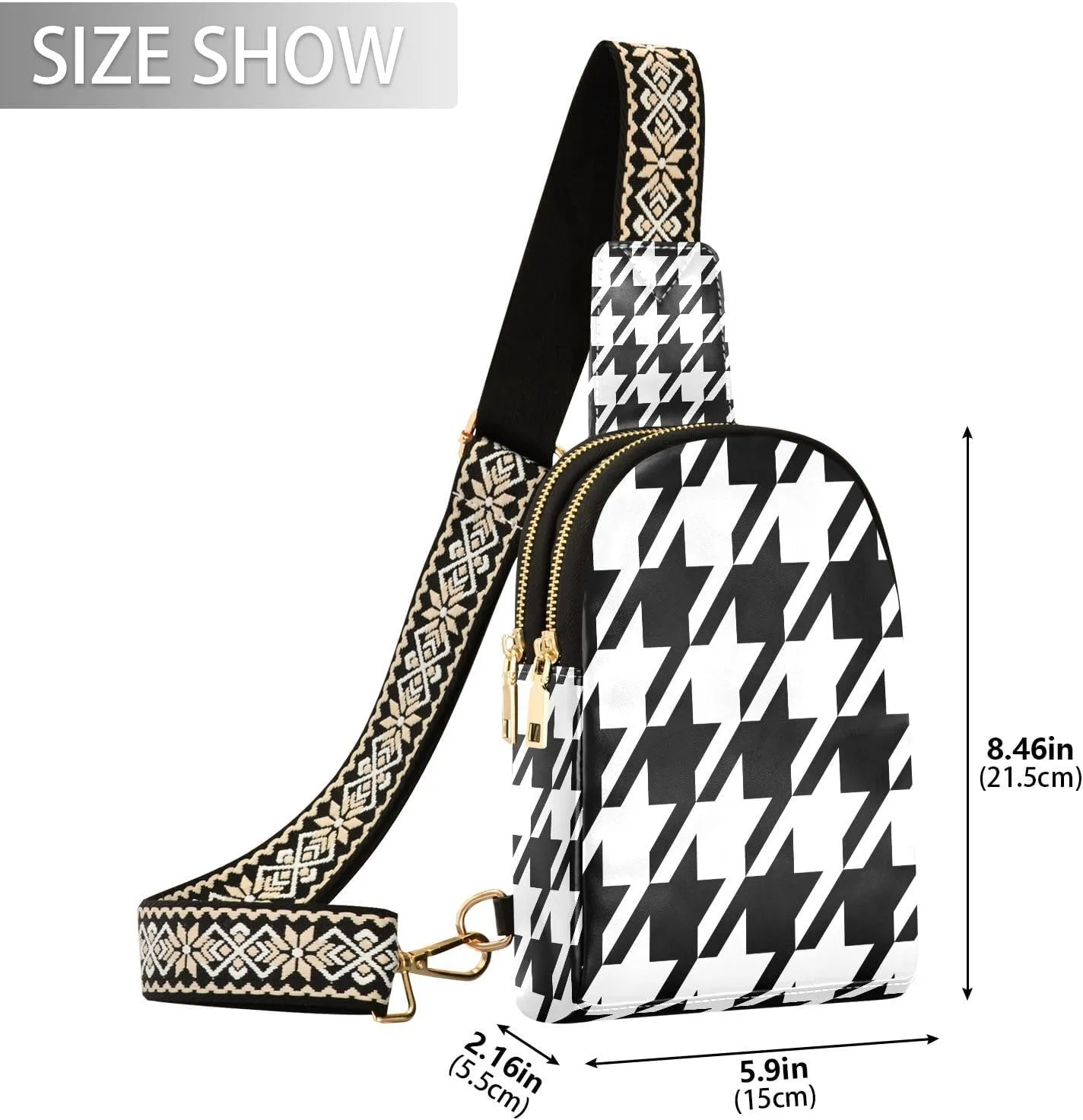 Small Sling Bag for Women Crossbody Hounds Tooth Trendy Crossbody Bag Fanny Pack with Guitar Strap Leather Chest Bag for Women Fanny Pack Travel Outdoor Outfit