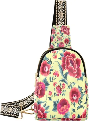 Small Sling Bag for Women Crossbody Spanish Flower Retro Fashion Leather Crossbody Bag for Women Embroidery Trendy Crossbody Purse Fanny Pack with Adjustable Guitar Strap Outfit