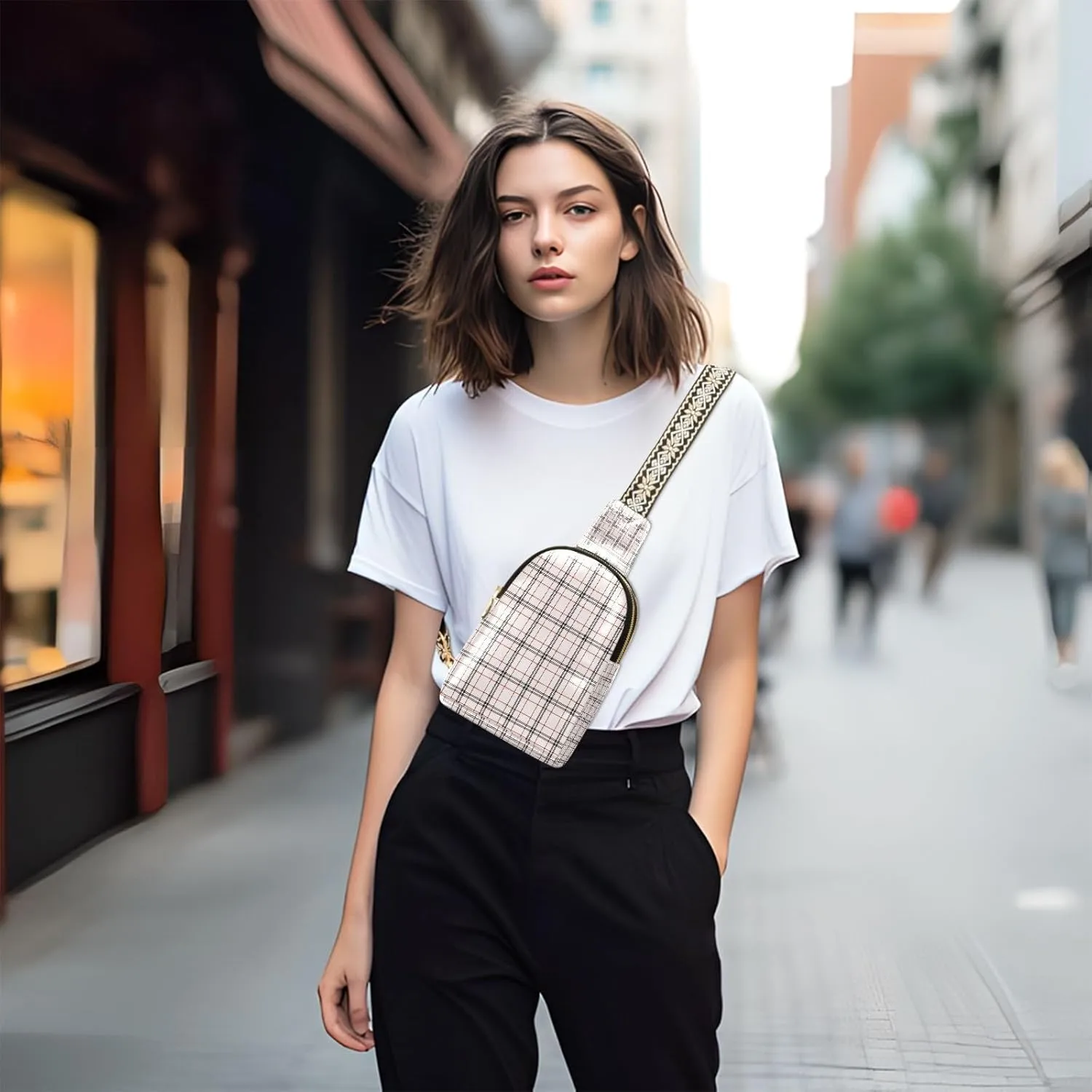 Small Sling Bag for Women Crossbody Spring Color Plaid Trendy Crossbody Bag Fanny Pack with Guitar Strap Leather Chest Bag for Women Fanny Pack Travel Outdoor Outfit