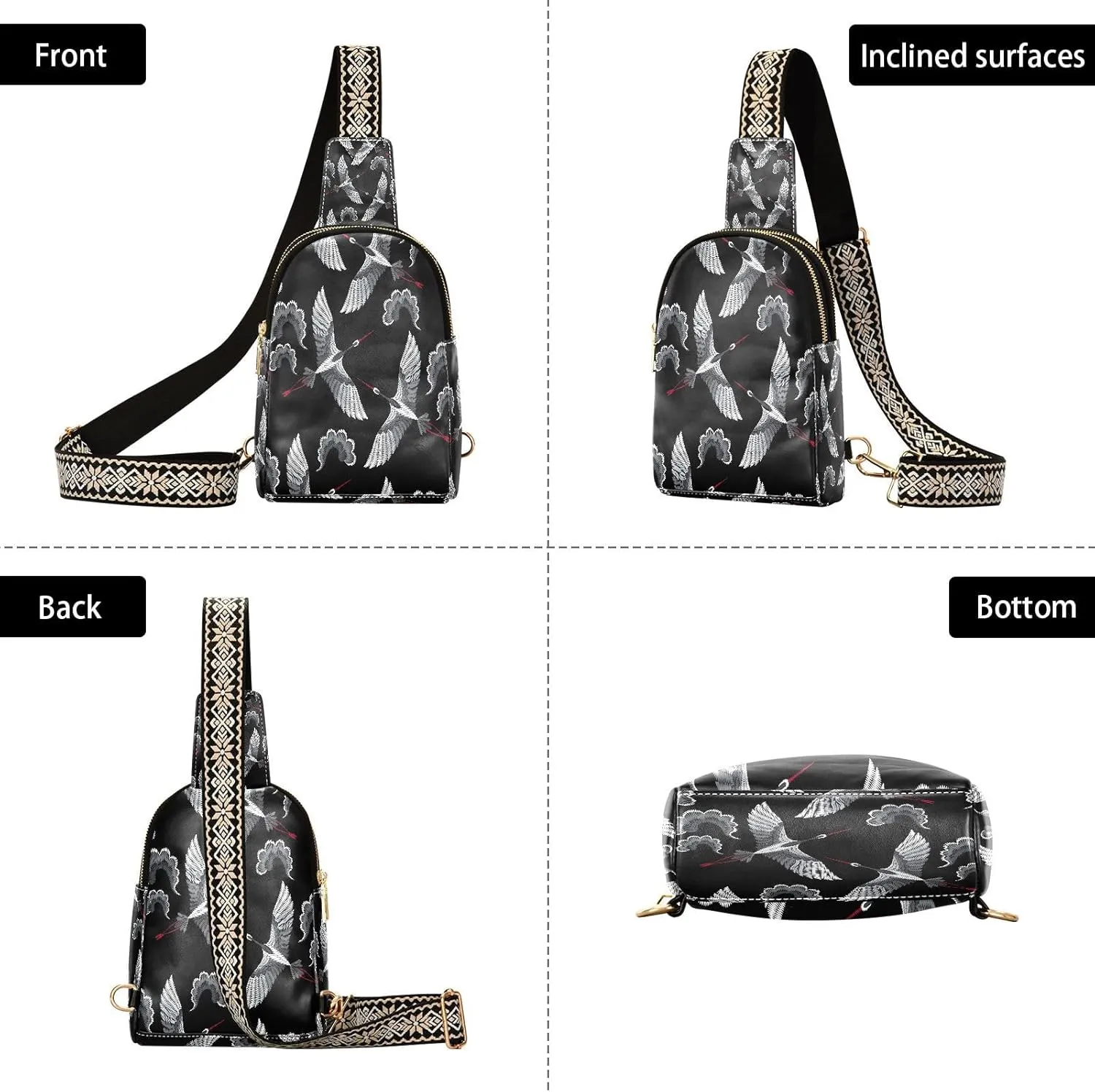 Small Sling Bag for Women Crossbody Vintage Embroidery Crane Fashion Leather Crossbody Bag for Women Retro Asian Style Trendy Crossbody Purse Fanny Pack with Adjustable Guitar Strap Outfit