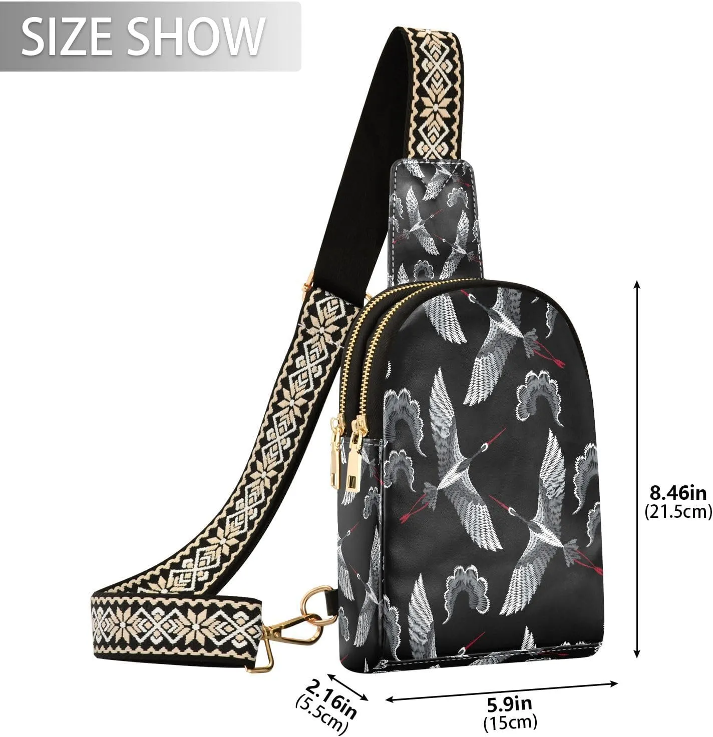 Small Sling Bag for Women Crossbody Vintage Embroidery Crane Fashion Leather Crossbody Bag for Women Retro Asian Style Trendy Crossbody Purse Fanny Pack with Adjustable Guitar Strap Outfit