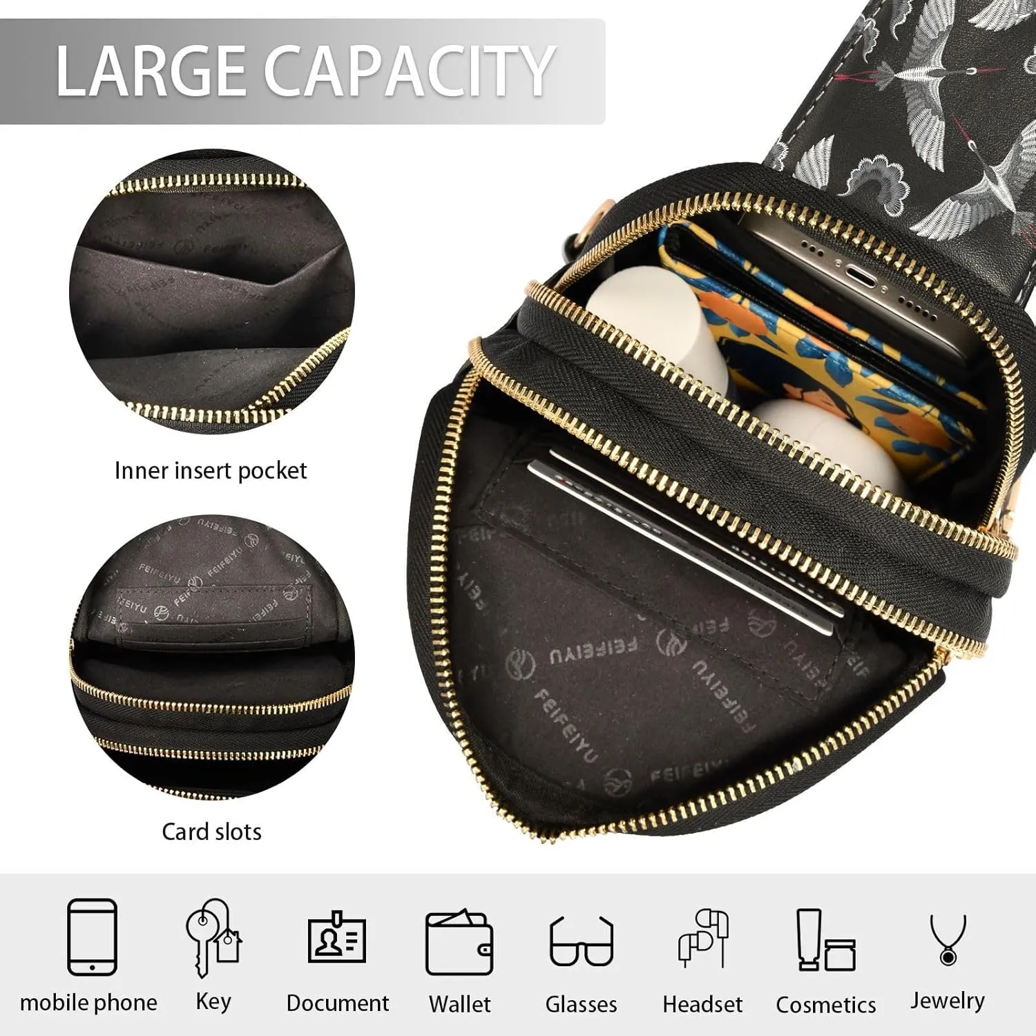 Small Sling Bag for Women Crossbody Vintage Embroidery Crane Fashion Leather Crossbody Bag for Women Retro Asian Style Trendy Crossbody Purse Fanny Pack with Adjustable Guitar Strap Outfit