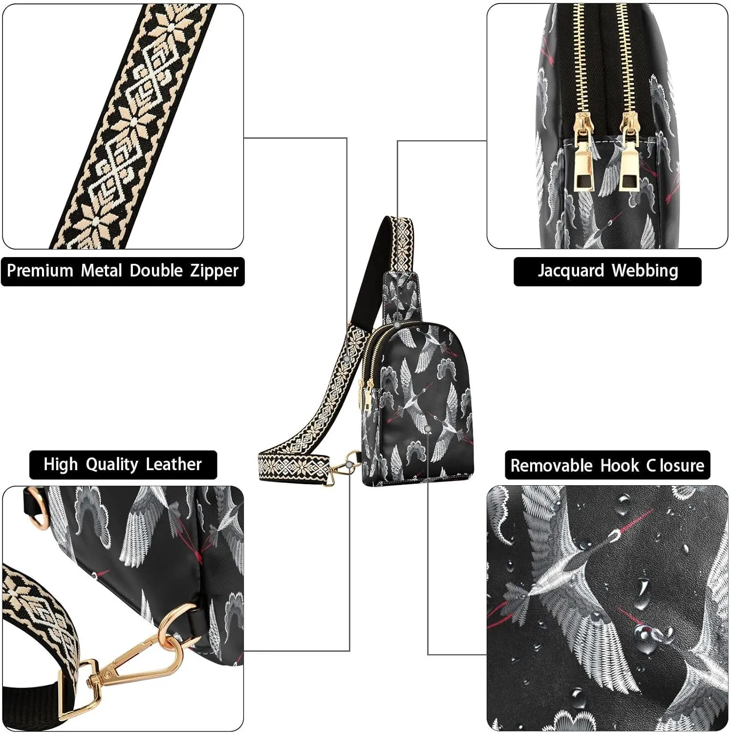 Small Sling Bag for Women Crossbody Vintage Embroidery Crane Fashion Leather Crossbody Bag for Women Retro Asian Style Trendy Crossbody Purse Fanny Pack with Adjustable Guitar Strap Outfit