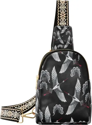 Small Sling Bag for Women Crossbody Vintage Embroidery Crane Fashion Leather Crossbody Bag for Women Retro Asian Style Trendy Crossbody Purse Fanny Pack with Adjustable Guitar Strap Outfit