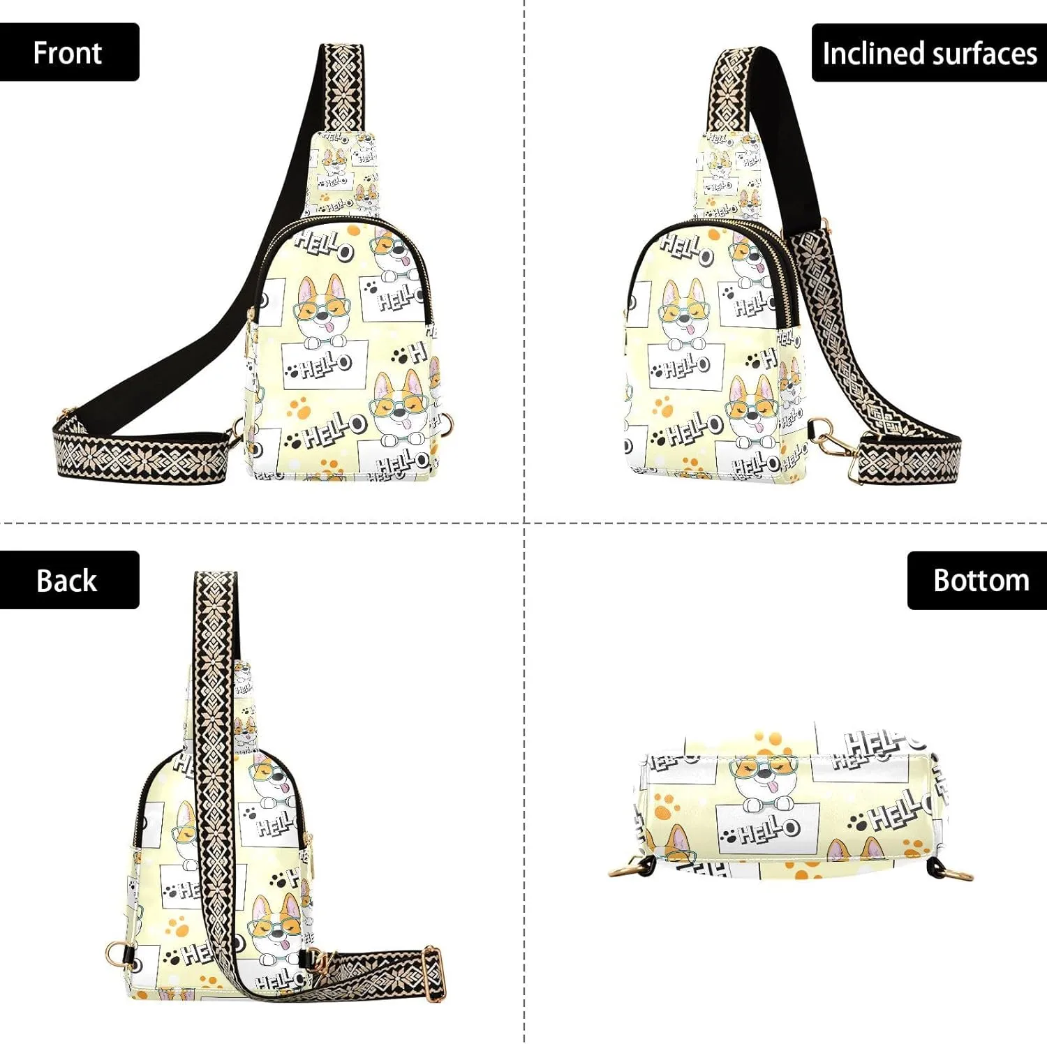 Small Sling Bag for Women Cute Dog Corgi Trendy Crossbody Bag Fanny Pack with Guitar Strap Cartoon Pattern Leather Chest Bag for Women Outdoor Travel Outfit