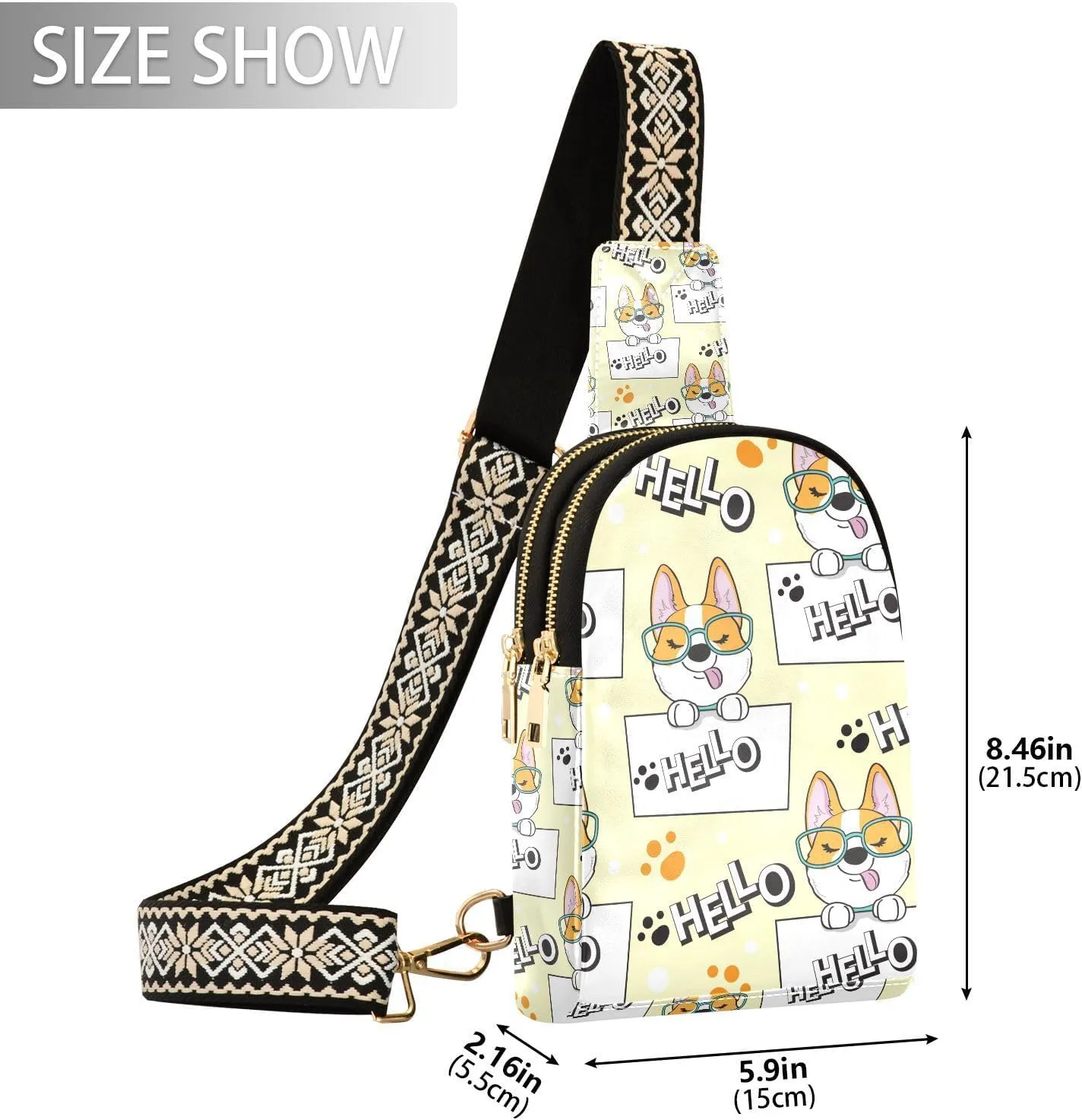 Small Sling Bag for Women Cute Dog Corgi Trendy Crossbody Bag Fanny Pack with Guitar Strap Cartoon Pattern Leather Chest Bag for Women Outdoor Travel Outfit