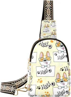 Small Sling Bag for Women Cute Dog Corgi Trendy Crossbody Bag Fanny Pack with Guitar Strap Cartoon Pattern Leather Chest Bag for Women Outdoor Travel Outfit