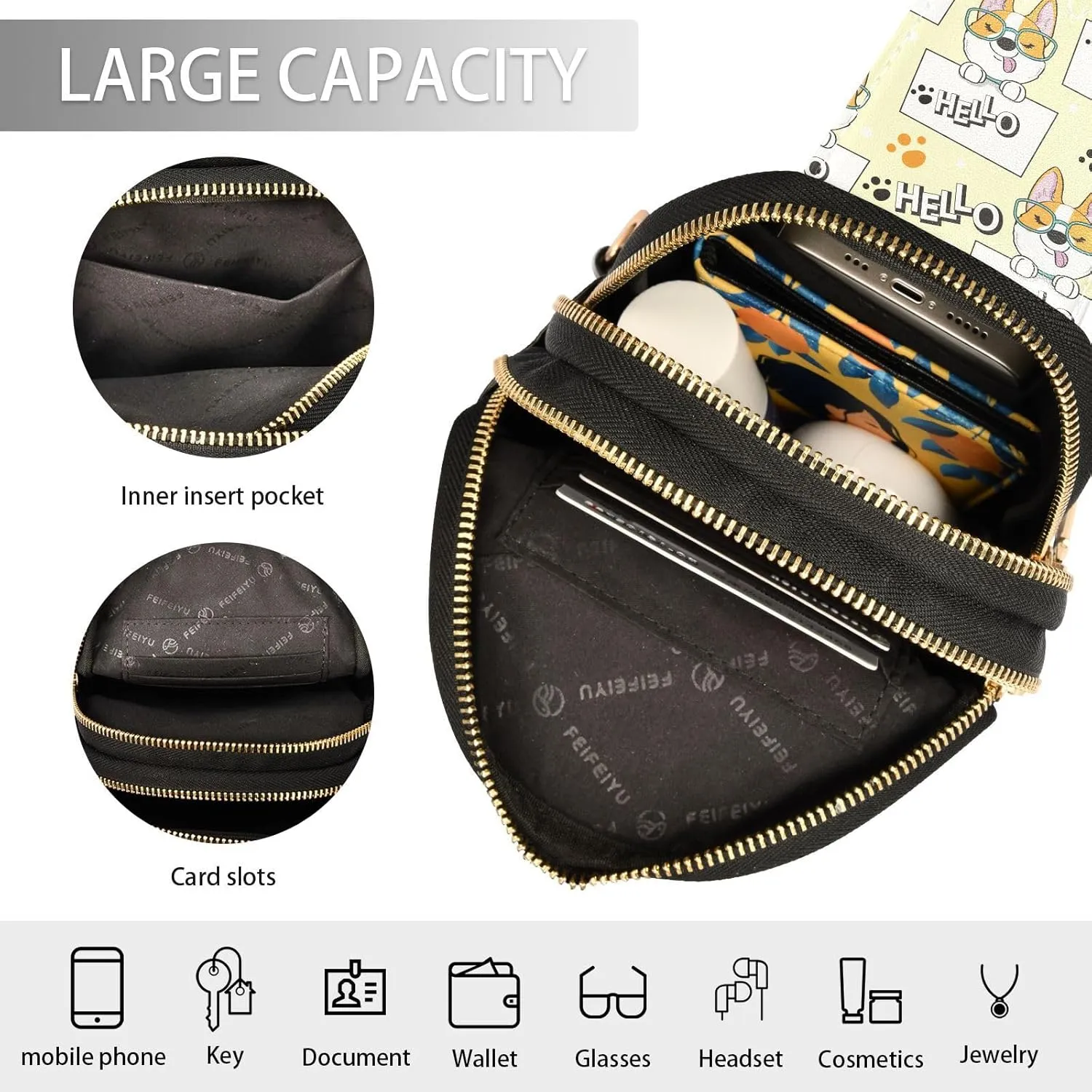 Small Sling Bag for Women Cute Dog Corgi Trendy Crossbody Bag Fanny Pack with Guitar Strap Cartoon Pattern Leather Chest Bag for Women Outdoor Travel Outfit