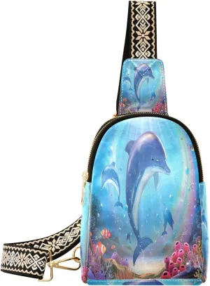Small Sling Bag for Women Cute Dolphin Rainbow Leather Crossbody Bag Tropical Ocean Creatures Fashion Waist Packs with Guitar Strap Trendy Fanny Pack Crossbody Outdoor