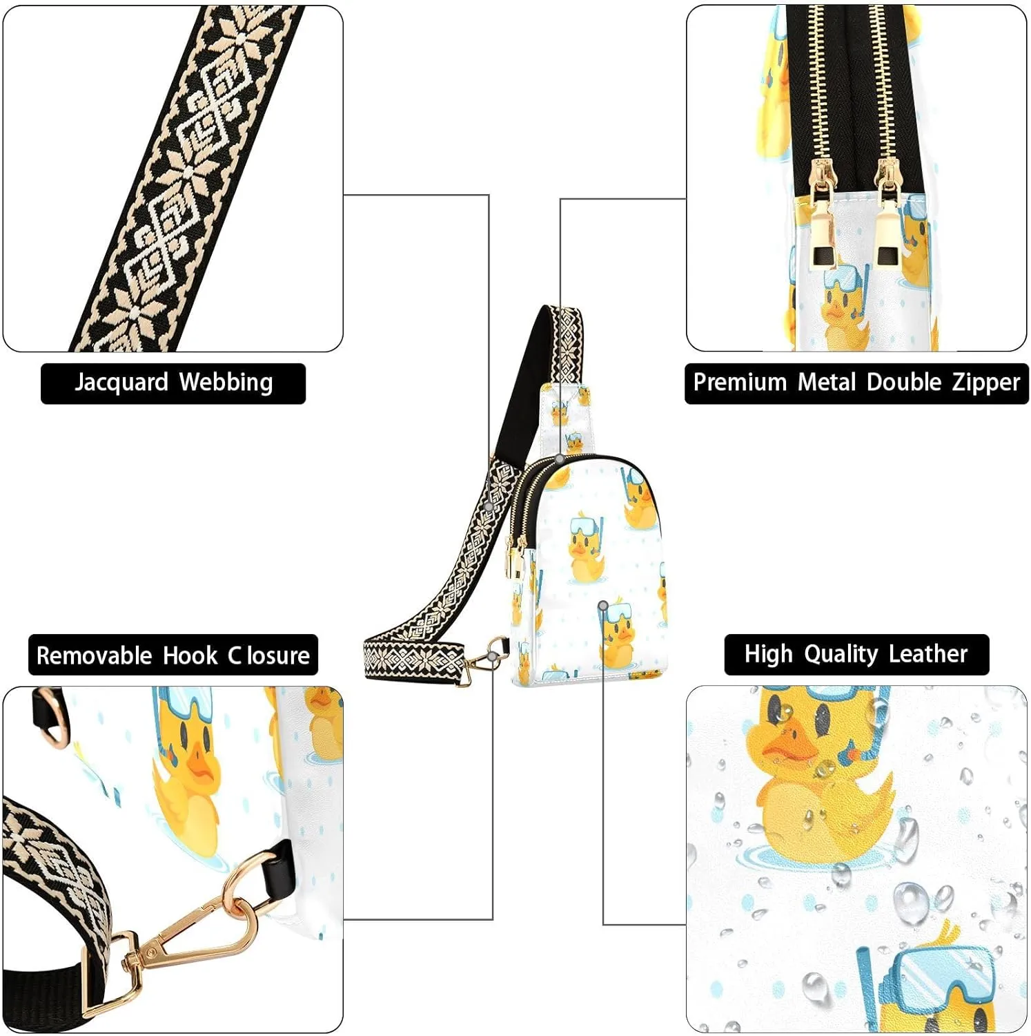 Small Sling Bag for Women Cute Duck Diver Trendy Crossbody Bag Fanny Pack with Guitar Strap Cartoon Leather Chest Bag for Women Outdoor Travel Outfit
