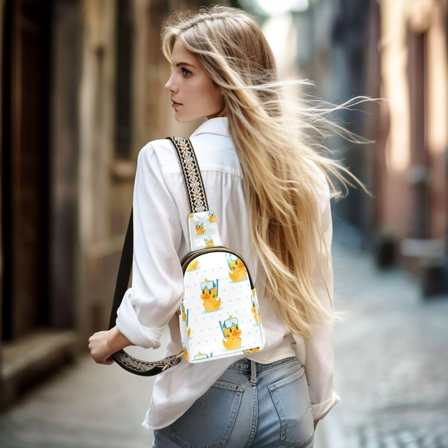 Small Sling Bag for Women Cute Duck Diver Trendy Crossbody Bag Fanny Pack with Guitar Strap Cartoon Leather Chest Bag for Women Outdoor Travel Outfit