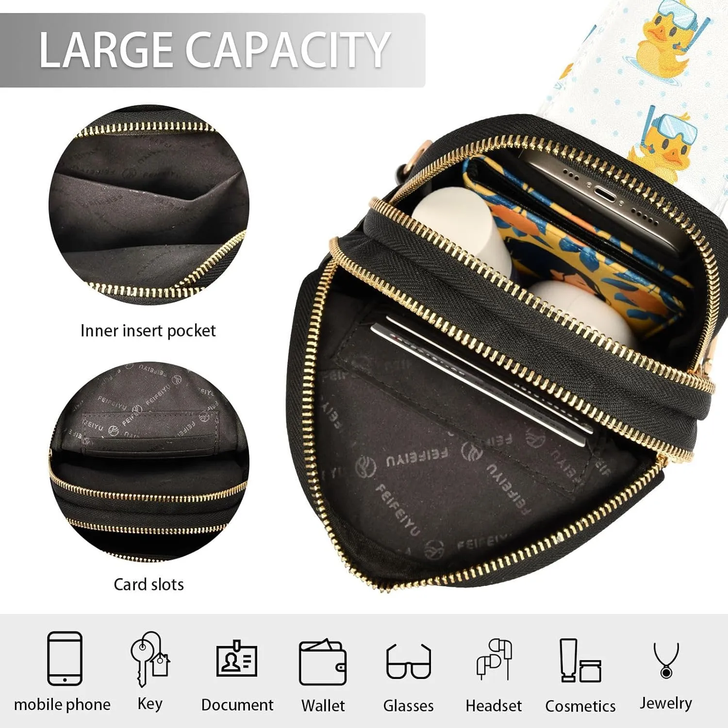 Small Sling Bag for Women Cute Duck Diver Trendy Crossbody Bag Fanny Pack with Guitar Strap Cartoon Leather Chest Bag for Women Outdoor Travel Outfit