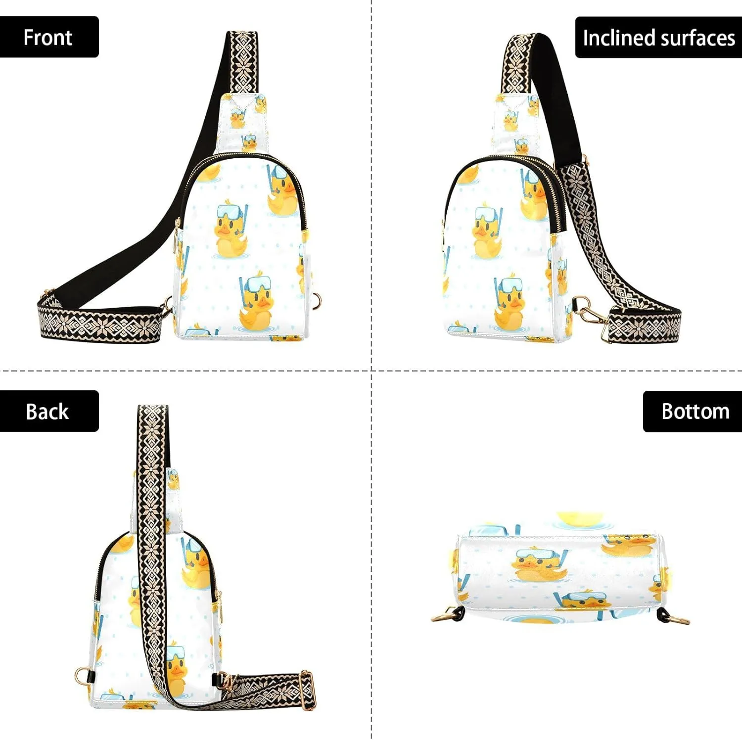 Small Sling Bag for Women Cute Duck Diver Trendy Crossbody Bag Fanny Pack with Guitar Strap Cartoon Leather Chest Bag for Women Outdoor Travel Outfit
