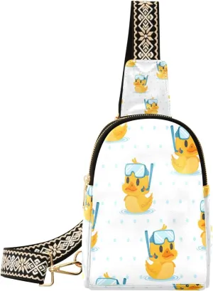 Small Sling Bag for Women Cute Duck Diver Trendy Crossbody Bag Fanny Pack with Guitar Strap Cartoon Leather Chest Bag for Women Outdoor Travel Outfit