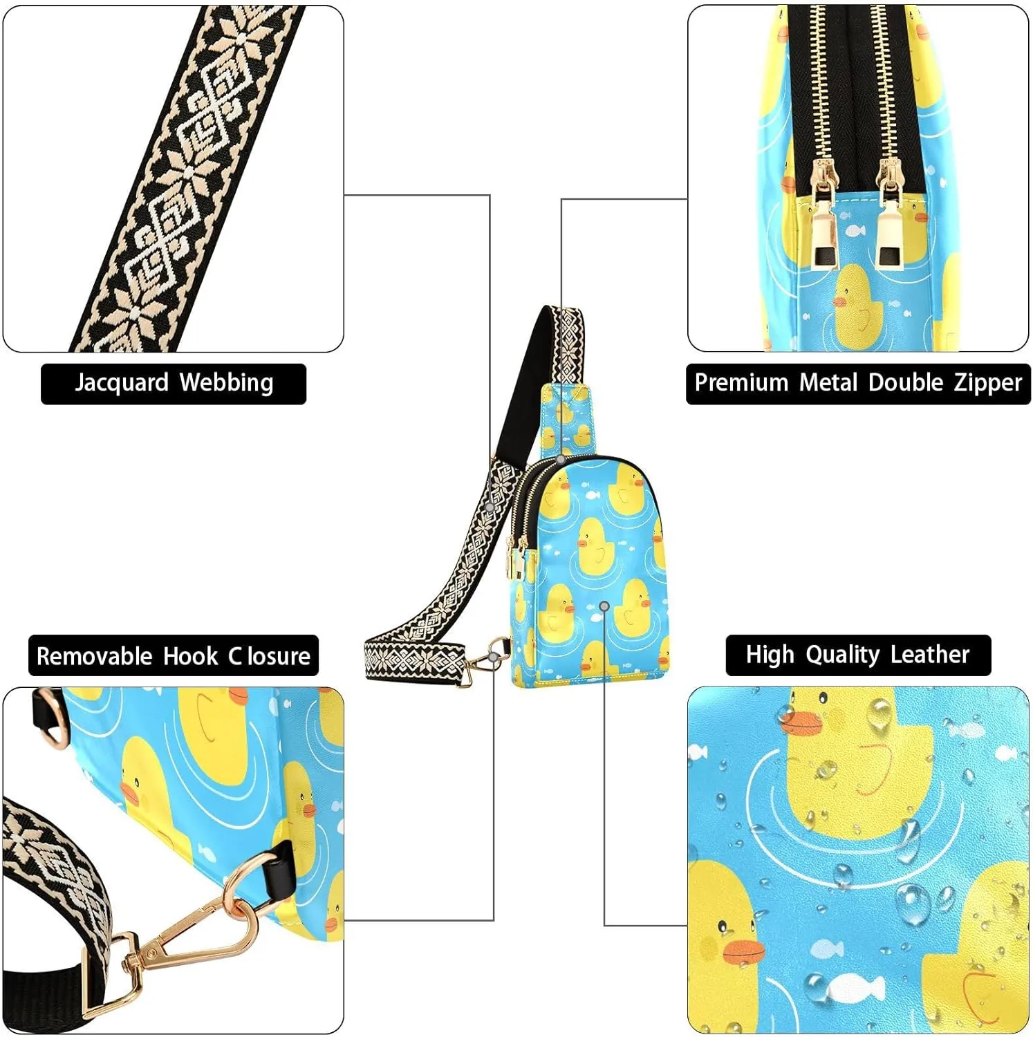 Small Sling Bag for Women Cute Yellow Ducks Fish Trendy Crossbody Bag Fanny Pack with Guitar Strap Cartoon Leather Chest Bag for Women Outdoor Travel Outfit