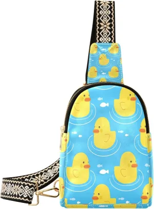 Small Sling Bag for Women Cute Yellow Ducks Fish Trendy Crossbody Bag Fanny Pack with Guitar Strap Cartoon Leather Chest Bag for Women Outdoor Travel Outfit