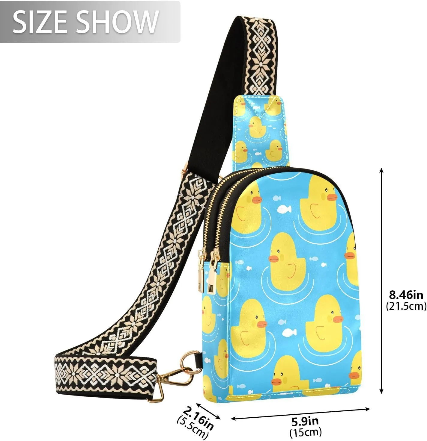 Small Sling Bag for Women Cute Yellow Ducks Fish Trendy Crossbody Bag Fanny Pack with Guitar Strap Cartoon Leather Chest Bag for Women Outdoor Travel Outfit