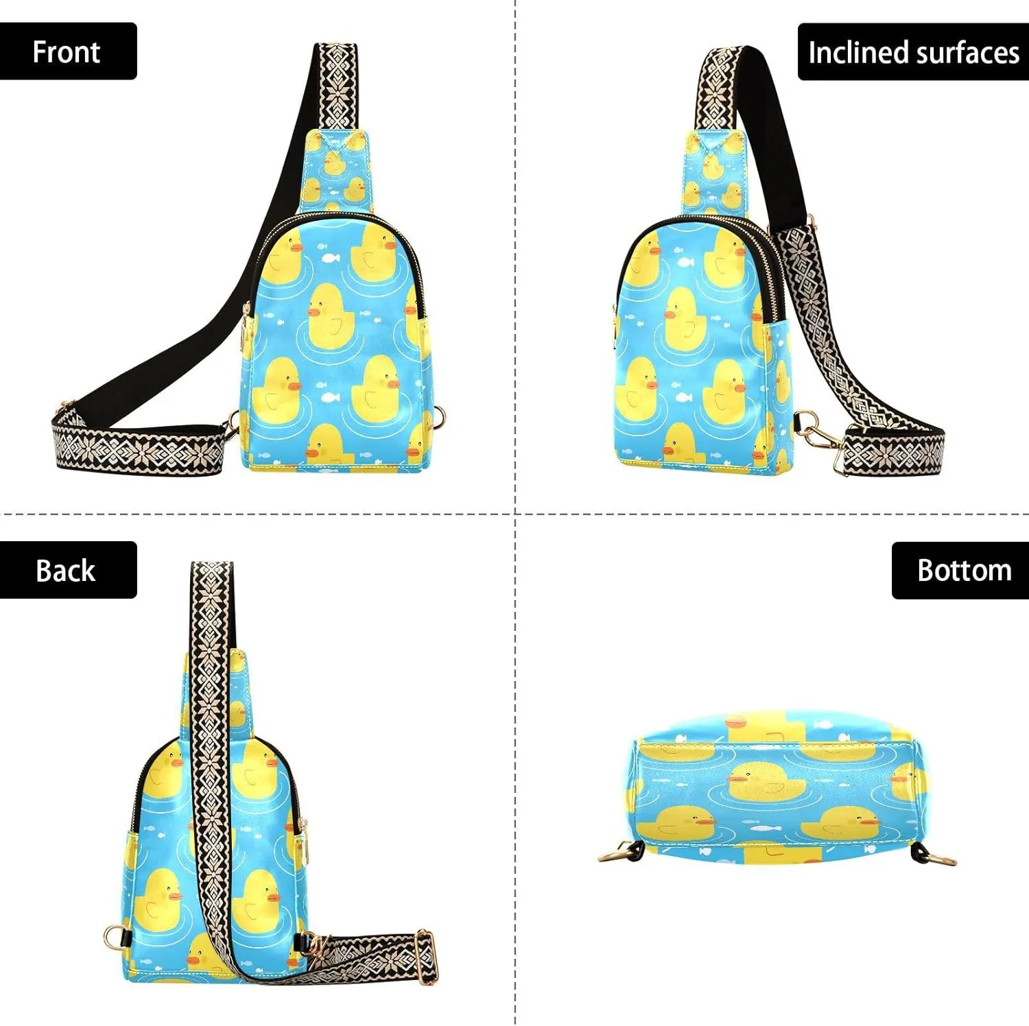 Small Sling Bag for Women Cute Yellow Ducks Fish Trendy Crossbody Bag Fanny Pack with Guitar Strap Cartoon Leather Chest Bag for Women Outdoor Travel Outfit