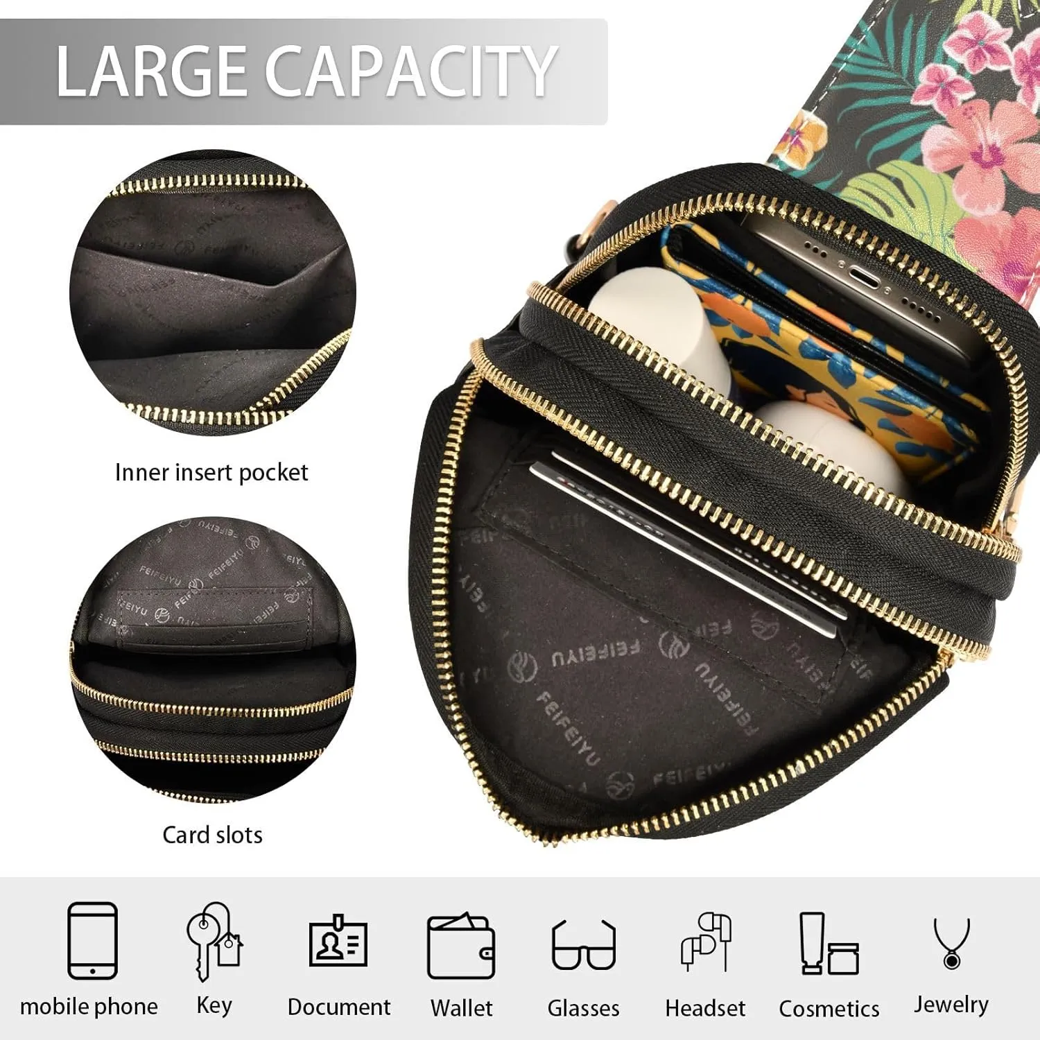 Small Sling Bag for Women Floral Tropical Leather Fanny Pack Crossbody Bag Hawaii Palm Leaves Chest Bag Trendy Fashion Waist Packs for Outdoor Travel Sports Hiking