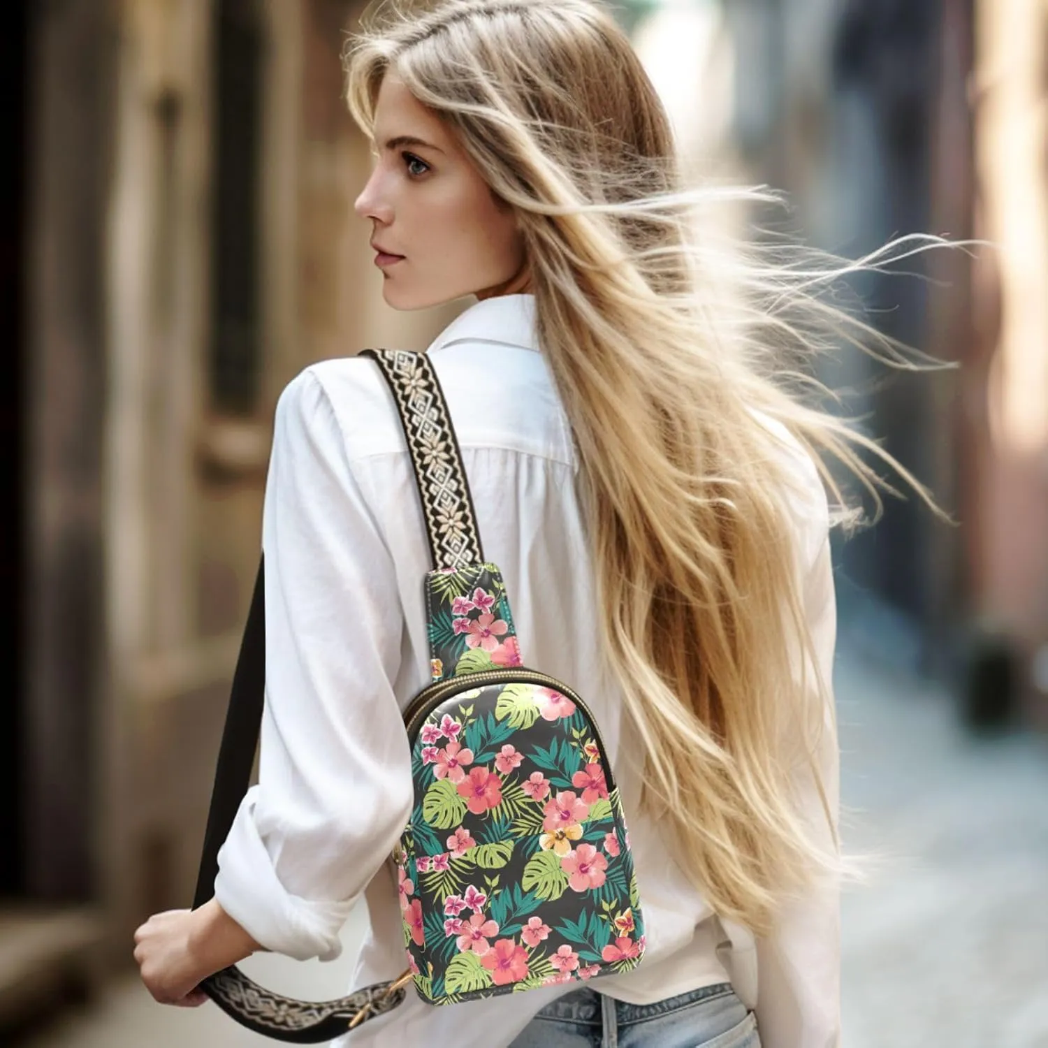 Small Sling Bag for Women Floral Tropical Leather Fanny Pack Crossbody Bag Hawaii Palm Leaves Chest Bag Trendy Fashion Waist Packs for Outdoor Travel Sports Hiking