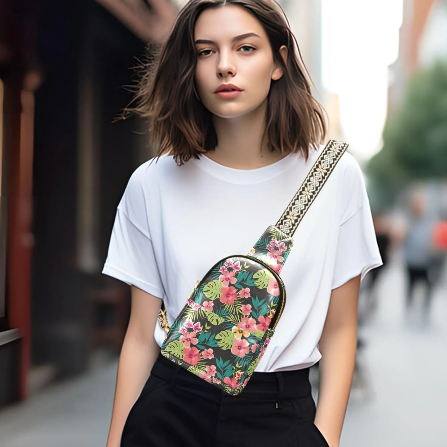 Small Sling Bag for Women Floral Tropical Leather Fanny Pack Crossbody Bag Hawaii Palm Leaves Chest Bag Trendy Fashion Waist Packs for Outdoor Travel Sports Hiking