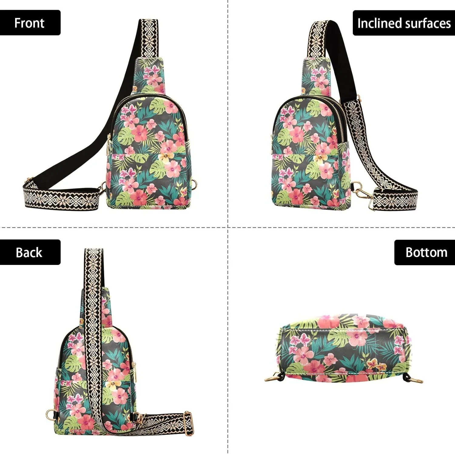Small Sling Bag for Women Floral Tropical Leather Fanny Pack Crossbody Bag Hawaii Palm Leaves Chest Bag Trendy Fashion Waist Packs for Outdoor Travel Sports Hiking