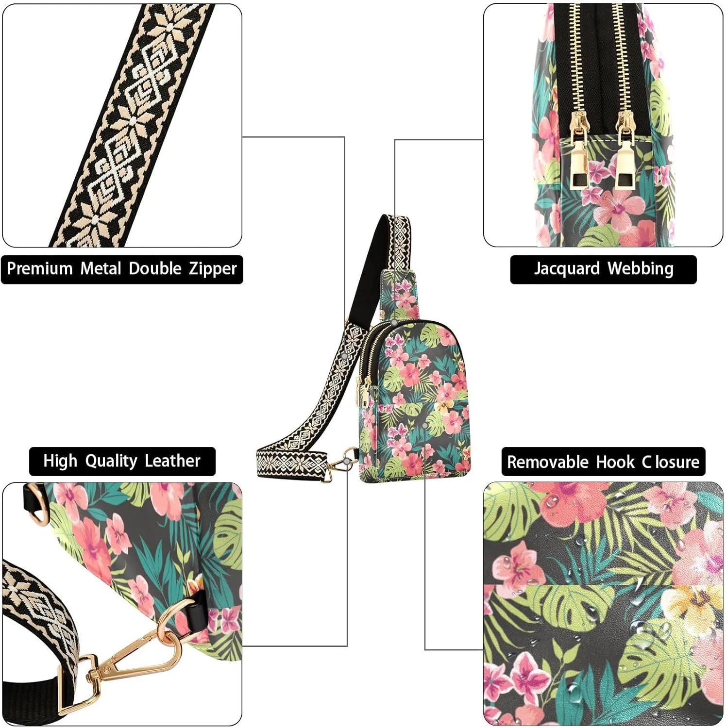 Small Sling Bag for Women Floral Tropical Leather Fanny Pack Crossbody Bag Hawaii Palm Leaves Chest Bag Trendy Fashion Waist Packs for Outdoor Travel Sports Hiking
