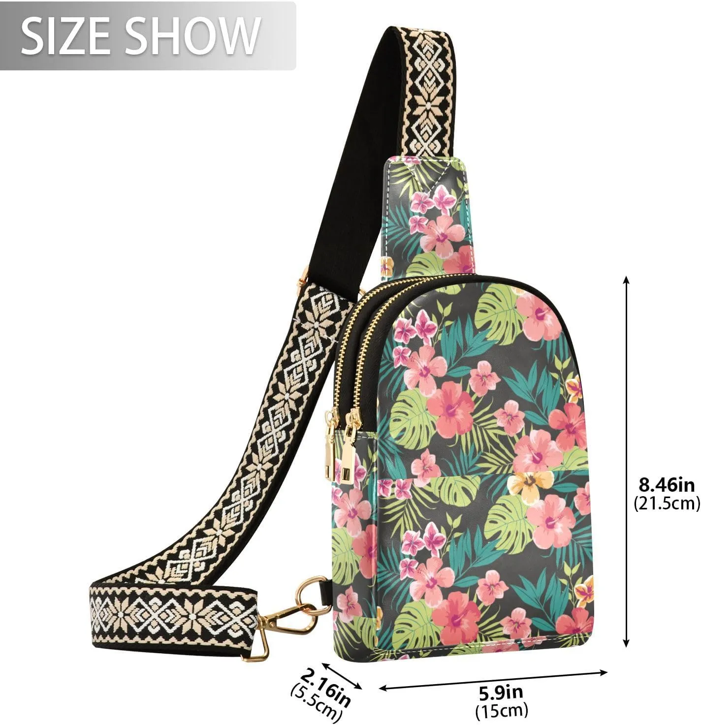 Small Sling Bag for Women Floral Tropical Leather Fanny Pack Crossbody Bag Hawaii Palm Leaves Chest Bag Trendy Fashion Waist Packs for Outdoor Travel Sports Hiking