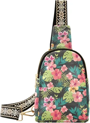 Small Sling Bag for Women Floral Tropical Leather Fanny Pack Crossbody Bag Hawaii Palm Leaves Chest Bag Trendy Fashion Waist Packs for Outdoor Travel Sports Hiking