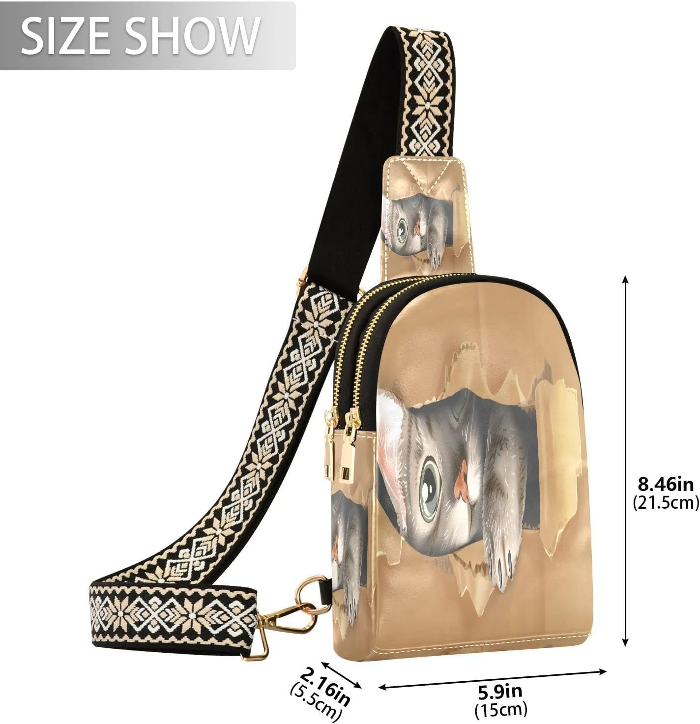 Small Sling Crossbody Bag for Women - Cute Cat Box 3D Trendy Fanny Pack With Guitar Strap - Leather Chest Bag for Travel Outdoor Outfit