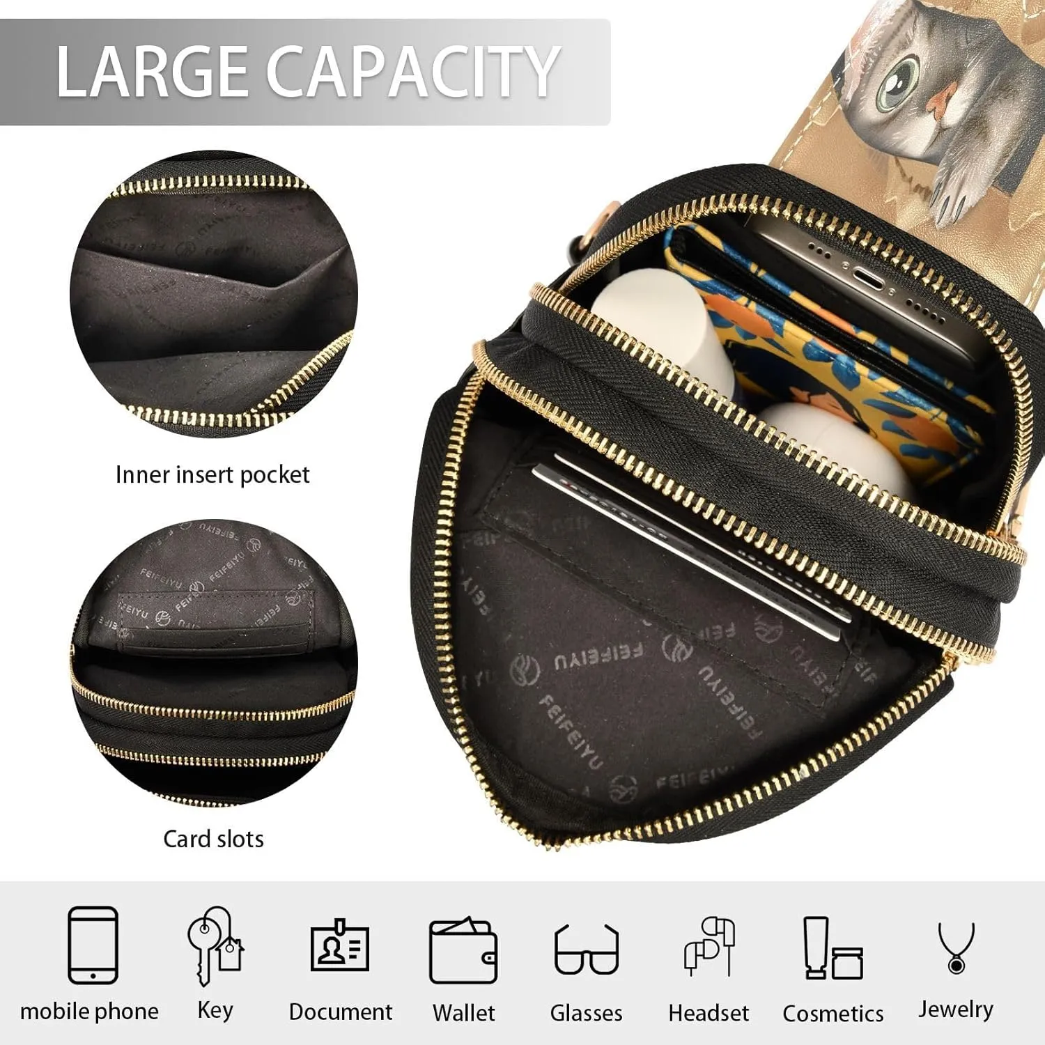 Small Sling Crossbody Bag for Women - Cute Cat Box 3D Trendy Fanny Pack With Guitar Strap - Leather Chest Bag for Travel Outdoor Outfit