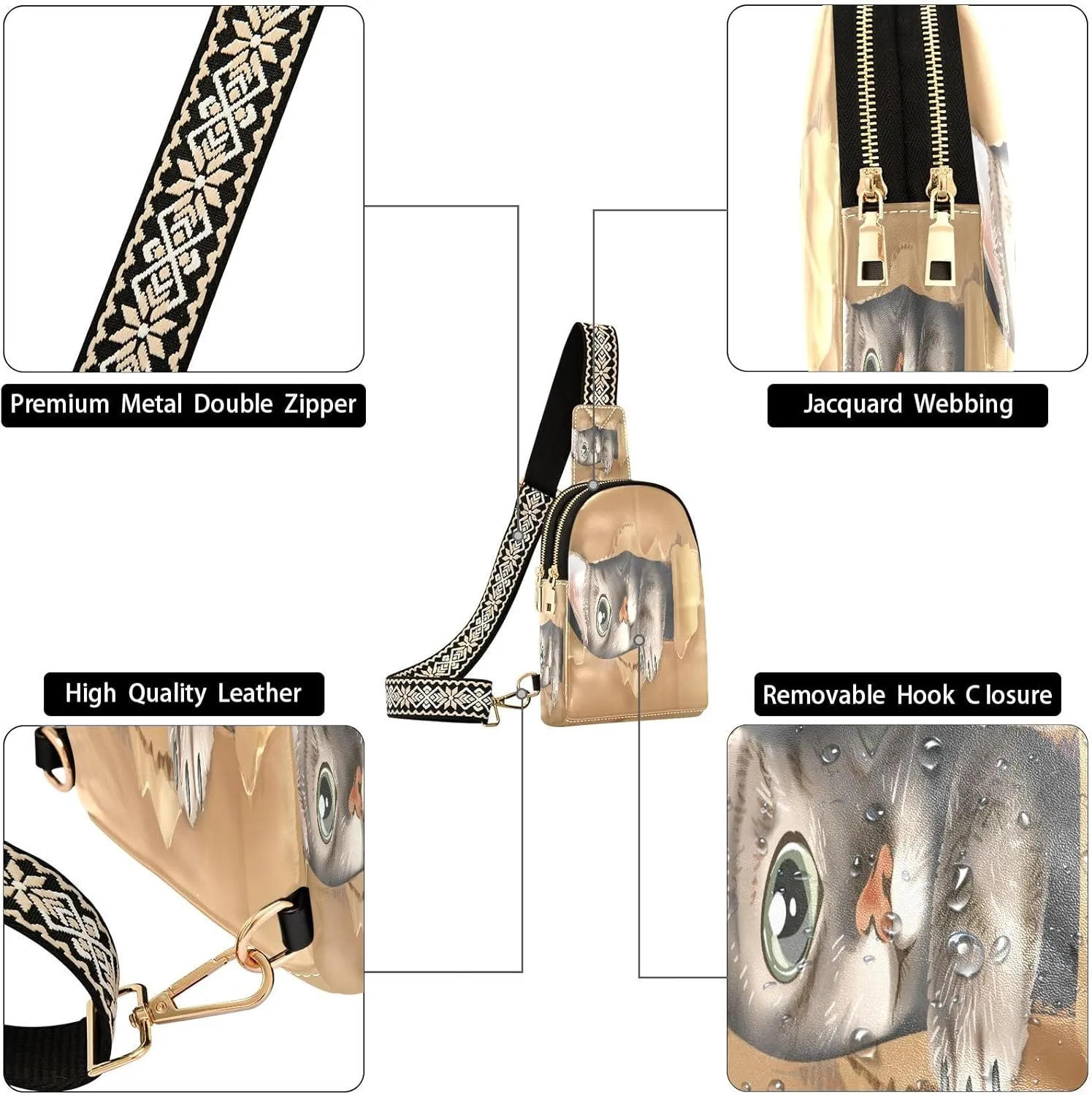 Small Sling Crossbody Bag for Women - Cute Cat Box 3D Trendy Fanny Pack With Guitar Strap - Leather Chest Bag for Travel Outdoor Outfit