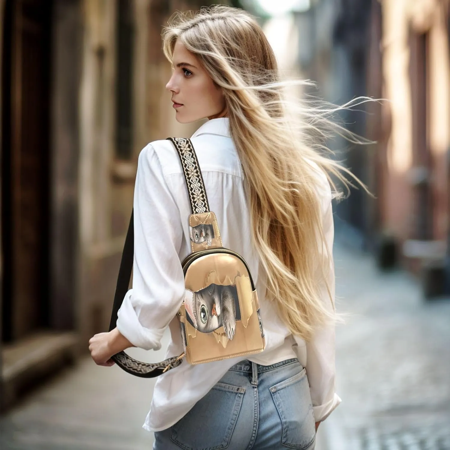 Small Sling Crossbody Bag for Women - Cute Cat Box 3D Trendy Fanny Pack With Guitar Strap - Leather Chest Bag for Travel Outdoor Outfit