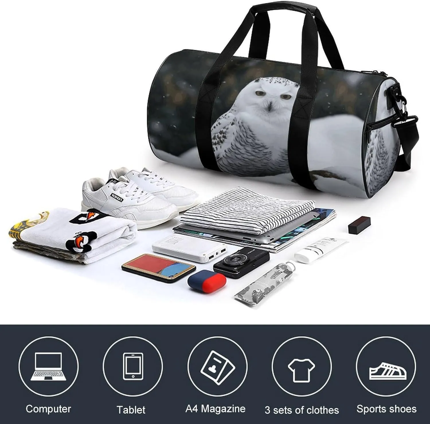 Snow Owl Gym Bag Small Travel Duffle Bag with Compartment Carry On Weekender Bag for Women Men