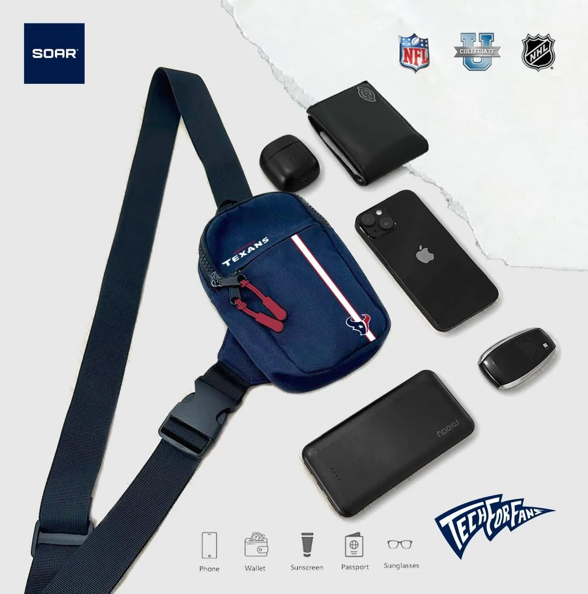 SOAR Unisex Crossbody Tech Adjustable Strap Travel Backpack Officially Licensed NFL, Mini Sling Bag