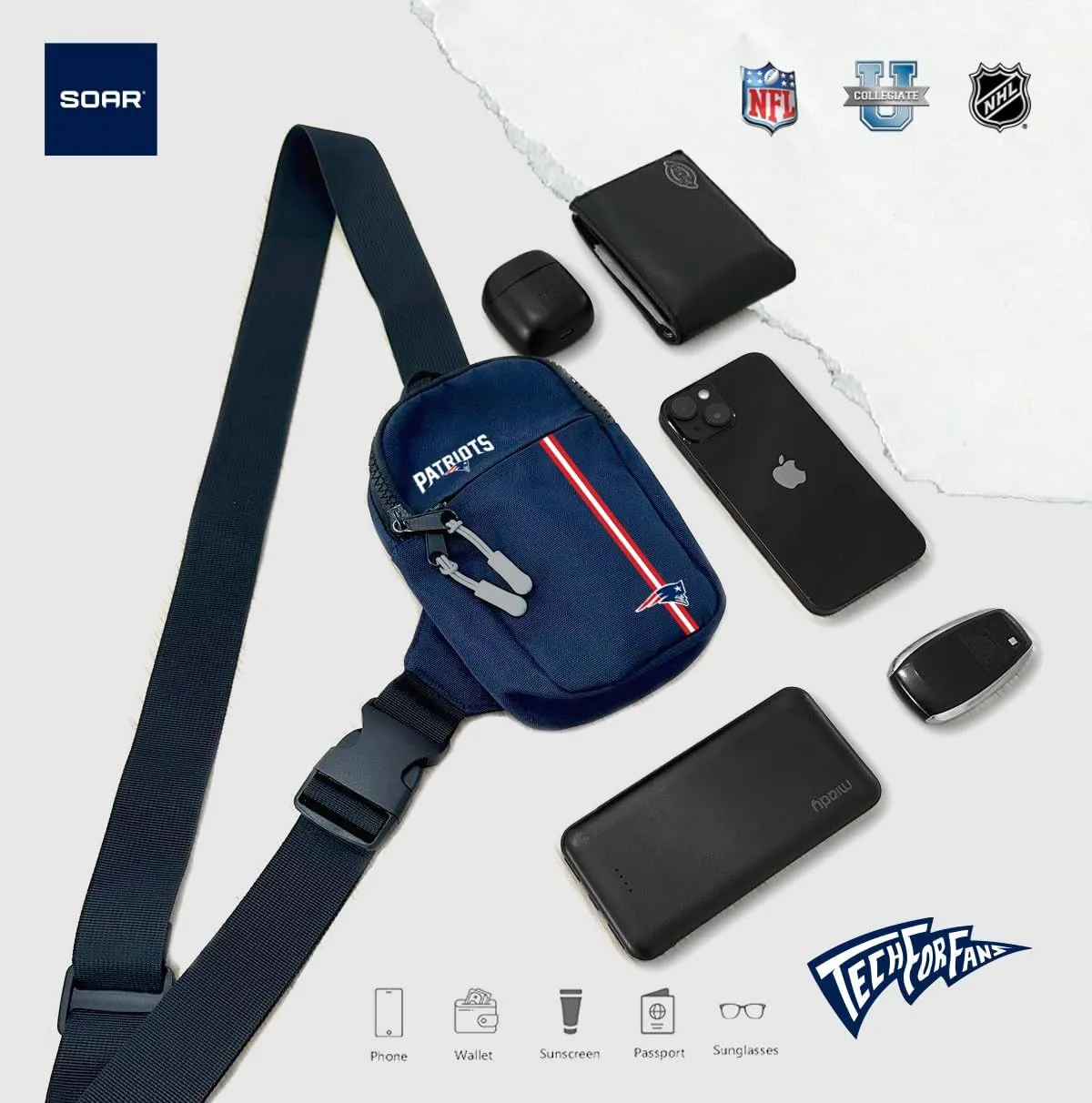 SOAR Unisex Crossbody Tech Adjustable Strap Travel Backpack Officially Licensed NFL, Mini Sling Bag