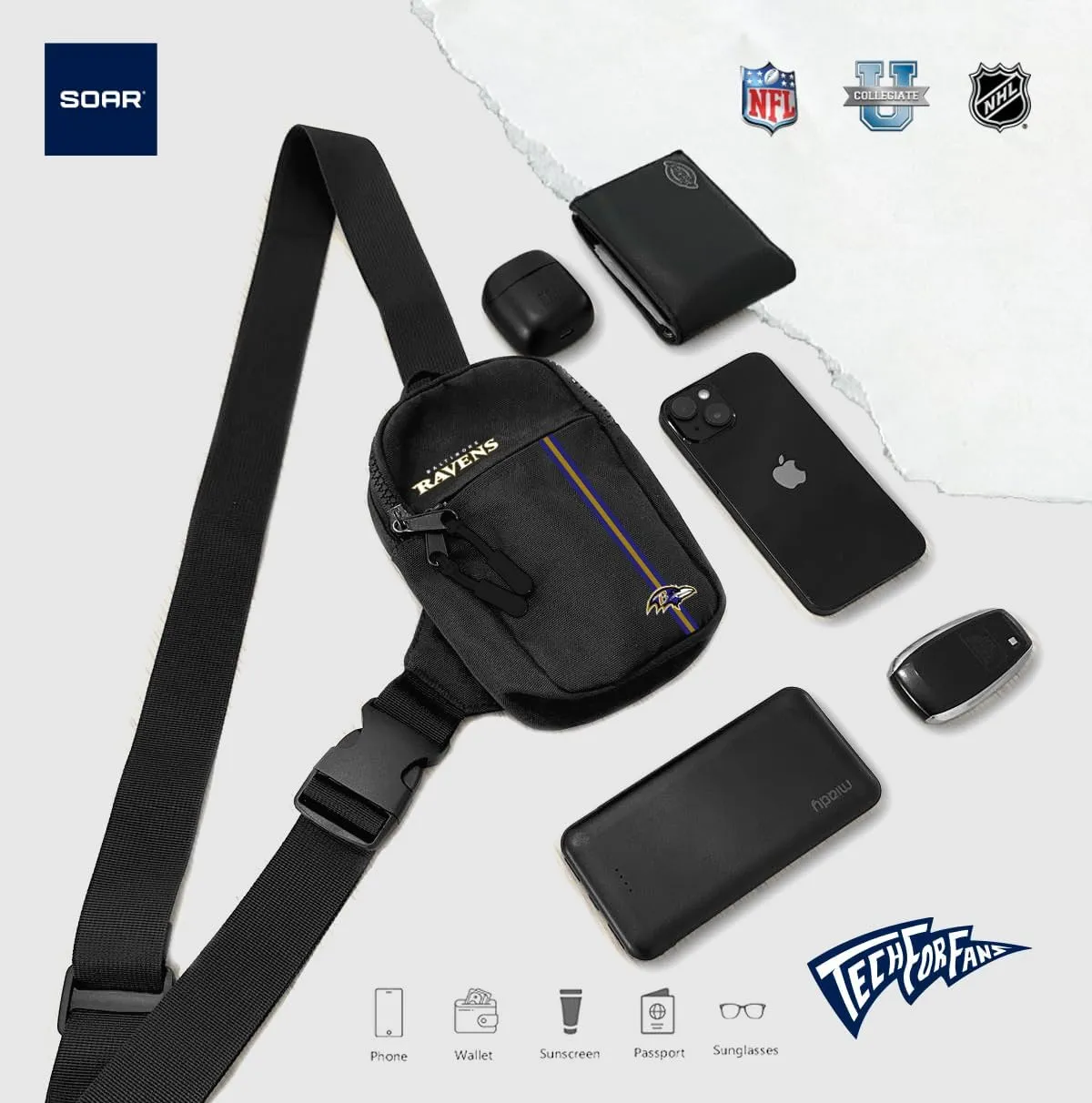 SOAR Unisex Crossbody Tech Adjustable Strap Travel Backpack Officially Licensed NFL, Mini Sling Bag