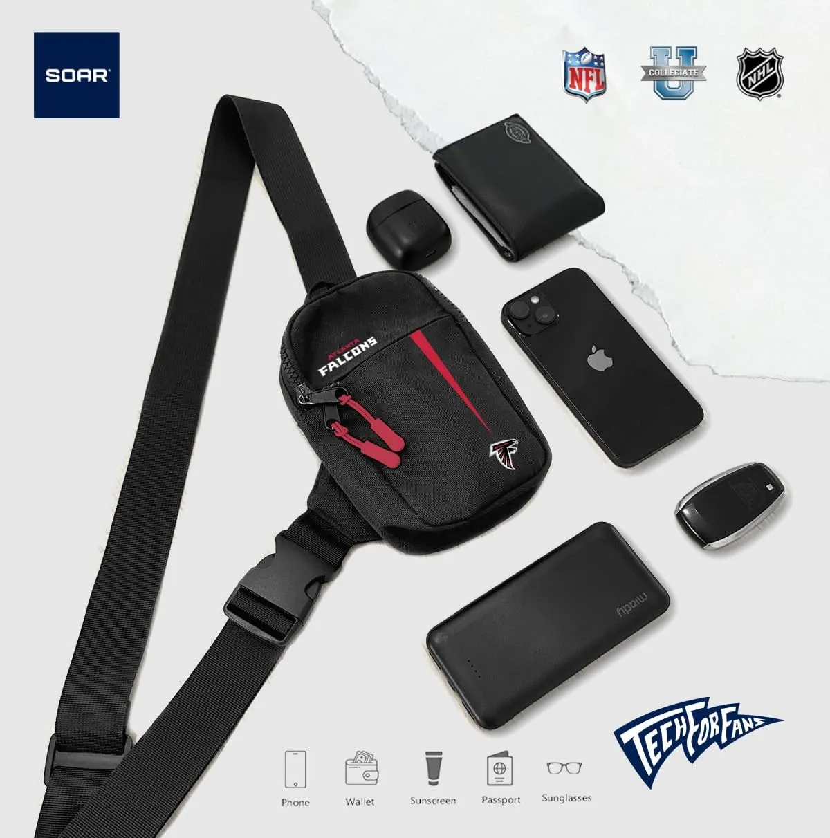 SOAR Unisex Crossbody Tech Adjustable Strap Travel Backpack Officially Licensed NFL, Mini Sling Bag