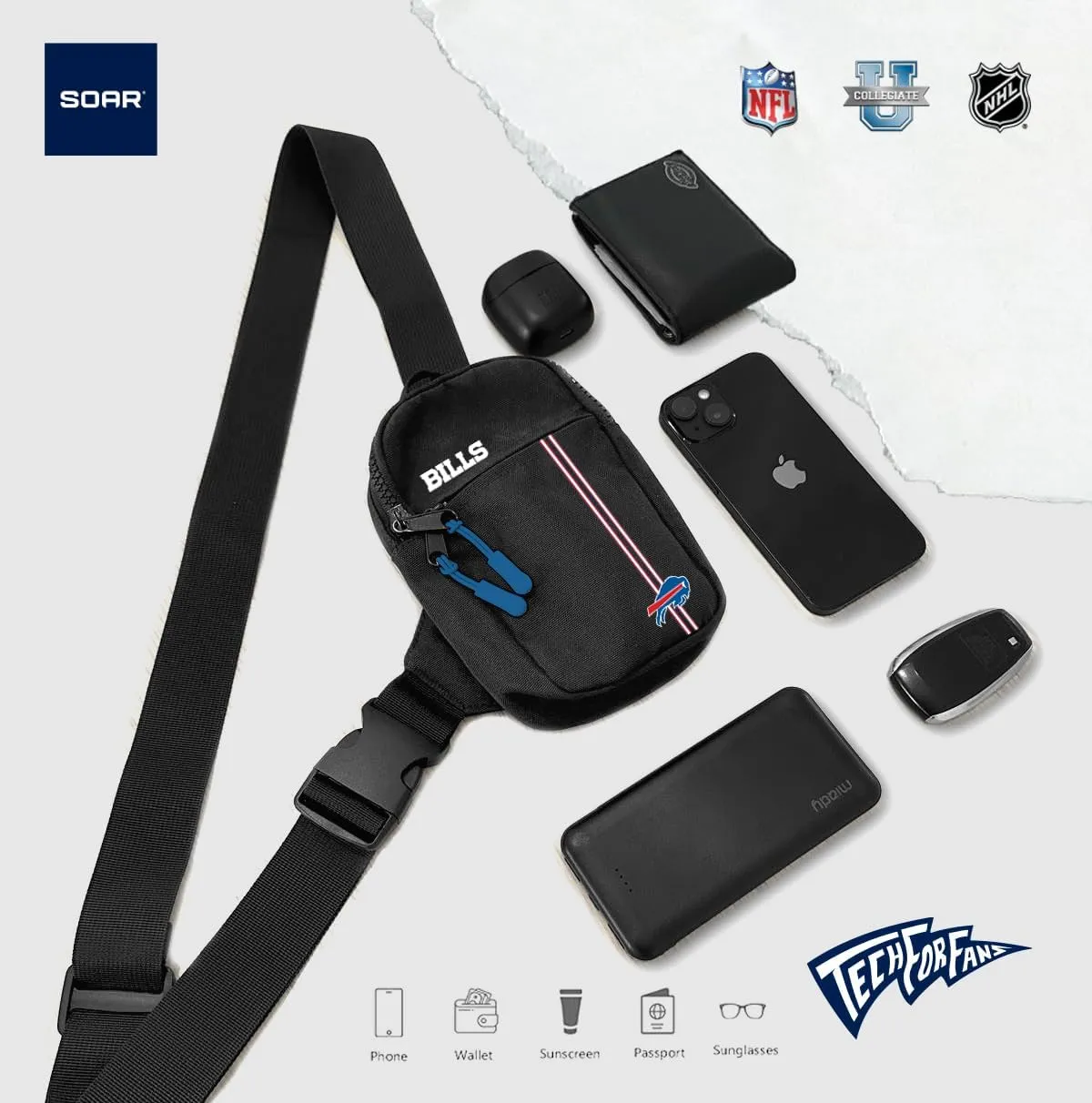 SOAR Unisex Crossbody Tech Adjustable Strap Travel Backpack Officially Licensed NFL, Mini Sling Bag