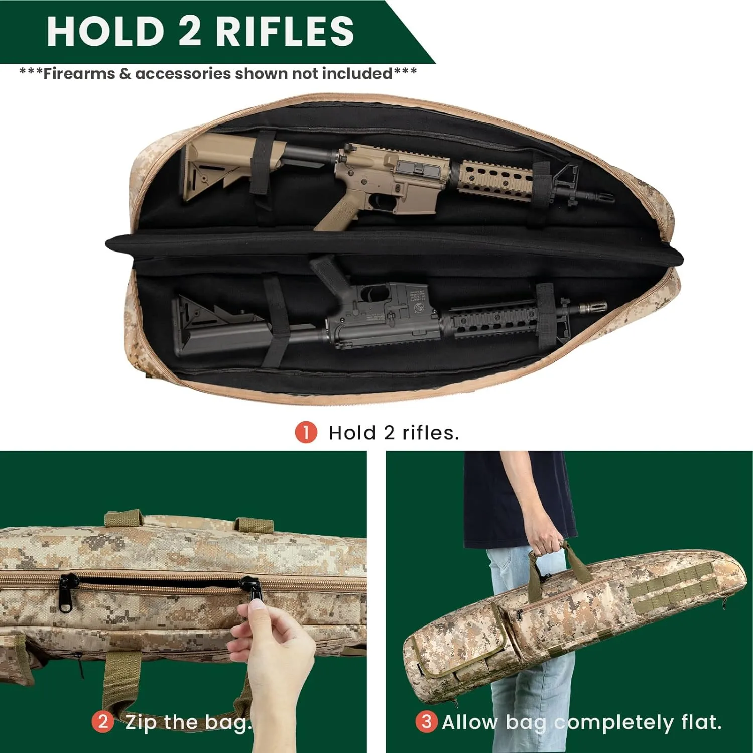Soft Double Shotgun Rifle Case 38” 42” 44” 46" 52" Long Gun Bag w/Padded Handle - Adjustable Sling Dual Lockable Zippers, Multiple Magazine Holder Pouches Outdoor Tactical Accessory Bags