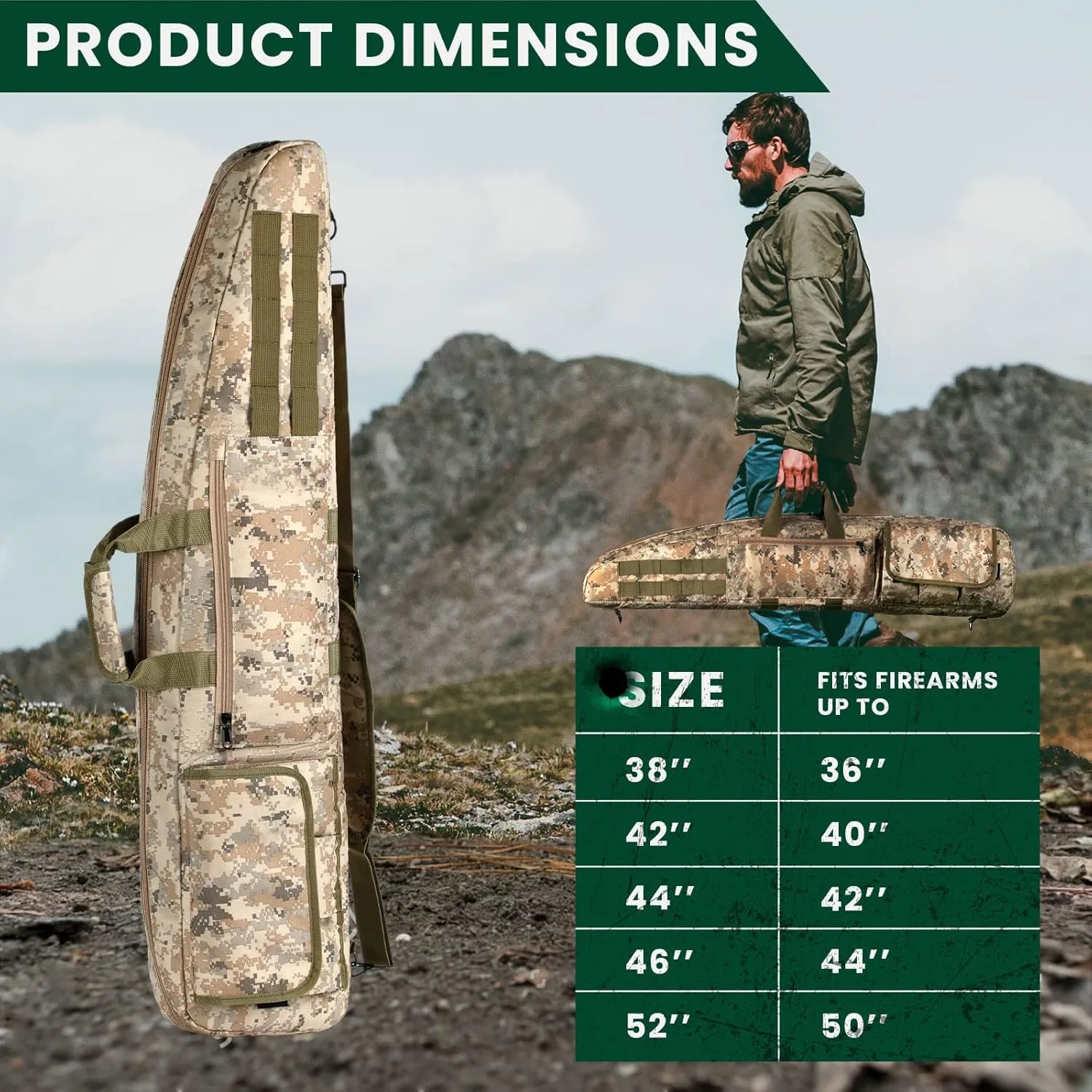 Soft Double Shotgun Rifle Case 38” 42” 44” 46" 52" Long Gun Bag w/Padded Handle - Adjustable Sling Dual Lockable Zippers, Multiple Magazine Holder Pouches Outdoor Tactical Accessory Bags