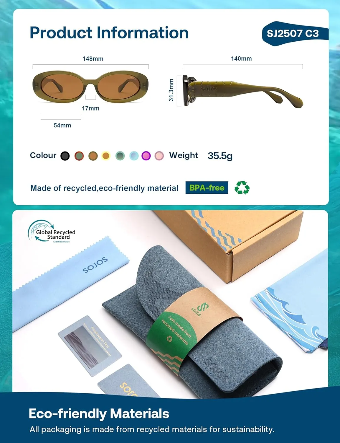 SOJOS Ocean Collection Retro Oval Polarized Sunglasses for Women Men Vintage Recycled Plastic Frame Eco-Friendly, Sunlight